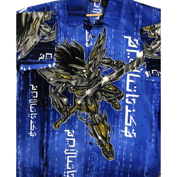 Vintage Odo Blue Anime Hawaiian Button Up Mens Large Korean Omegamon Omnimon - Picture 5 of 5